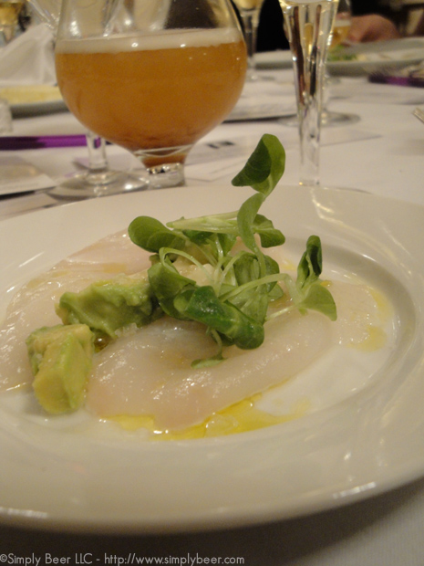 1st course, Halibut Crudo, Avocado, Orange Tapioca, Malden Sea Salt, Extra Virgin Olive Oil paired with Brooklyn Cuvee de Cardoz.  The fish and the sauce worked together beautifully with spices in the beer.